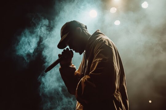 Silhouetted rapper holds mic, smoky stage. Perfect for music, hip hop, concert themes.