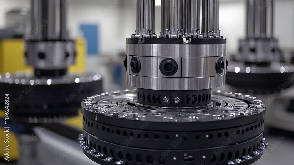 Poster precision engineering in robotics: close-up of advanced mechanism with circular discs and metal comp