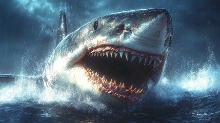 Obraz premium A dramatic depiction of a shark breaching the ocean surface, showcasing its menacing teeth and powerful presence.