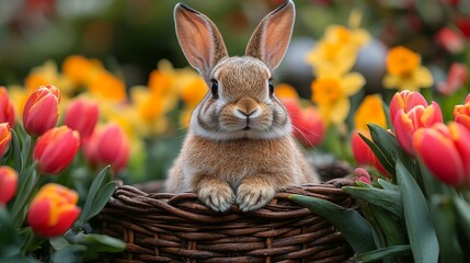 Easter Bunny Sits in Basket Among Flowers
