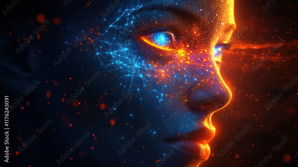 Poster a digital portrait featuring a futuristic face illuminated by vibrant cosmic patterns and glowing el