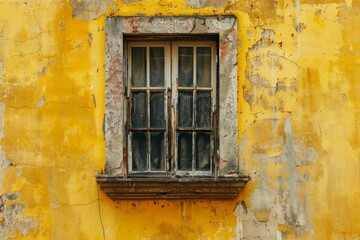  Yellow concrete wall with old wooden window in european city. Detailed photo textured background