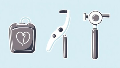 Medical Tools Icon Set. Detailed medical tool icons: defibrillator, otoscope, and reflex hammer.