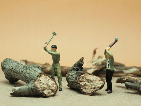 Mini toy of action figure at outdoor with blurred background. Toy photography concept design. Man chopping wood and cutting tree with lumberjack equipment. Woodworker with axe and chainsaw at forest.