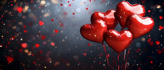 Valentine's Day background with heart-shaped balloons and confetti, cityscape in the blurred background, copy space for text, banner design