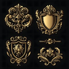 Golden baroque shield elements decorative illustration crafted for luxurious vintage art creations