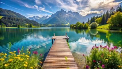 Wooden pier extending into a serene lake surrounded by majestic Alps in summer with lush greenery and vibrant wildflowers , lakefront, alps