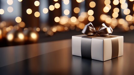 A beautifully wrapped gift box with a bow, set against a blurred, festive background.