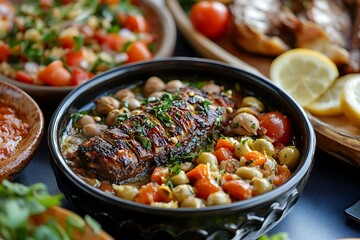 Savor the flavors of the mediterranean with this dish featuring grilled fish, vegetables, olives, herbs, and a variety of traditional accompaniments