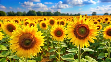 Fototapeta premium A field of tall, bright yellow sunflowers with dark centers swaying gently in the breeze on a warm summer day , sunflowers