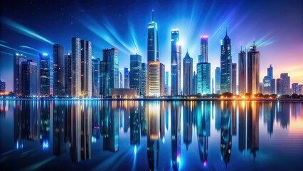 Fototapeta premium A futuristic cityscape with sleek skyscrapers and neon lights reflected in a still body of water creating a sense of depth and tranquility, futuristic metropolis, serene waters