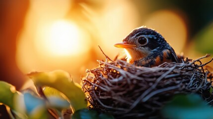 Obraz premium A young bird perches adorably in its nest, surrounded by a charming natural setting and basking in the soft, golden glow of the sunset, capturing the essence of innocence and beauty.