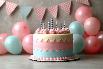 Layered birthday cake with pink and blue frosting, candles, and balloons. Perfect for celebrating birthdays, parties, and sweet celebrations.