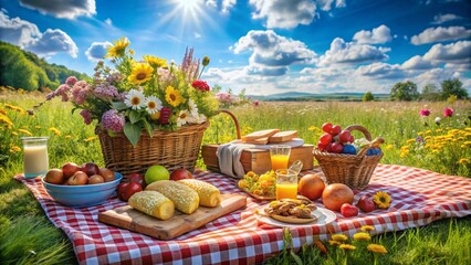 Idyllic Meadow Picnic: Blue Sky, Fresh Food, Summer Delight