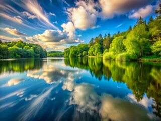 Fototapeta premium Idyllic Summer Lake: Long Exposure Cloudscape, Serene Waters, Peaceful Nature Scene
