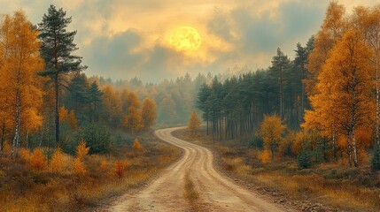 Winding dirt road through autumnal forest with large moon.