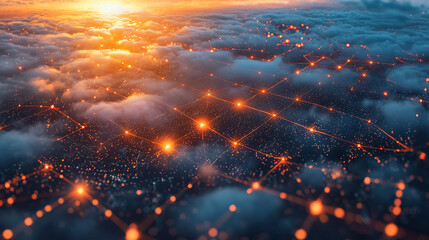 Fototapeta premium Futuristic glowing network connections above clouds with sunset horizon