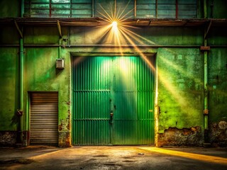 Obraz premium Industrial Sunset: Green Floor Metal Factory Door Stock Photo