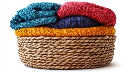 A woven basket filled with colorful, cozy blankets, showcasing a warm and inviting aesthetic.
