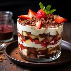 Tiramisu dessert in a glass with strawberries and mint on dark background