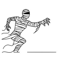 Black and white illustration of a mummy in motion with outstretched arm, single line vector outline drawing
