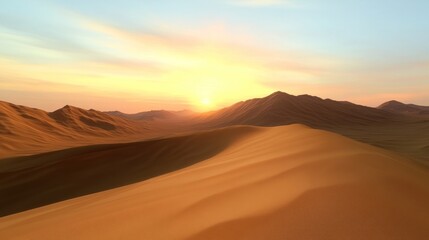 Naklejka premium A serene desert landscape at sunset with rolling sand dunes.