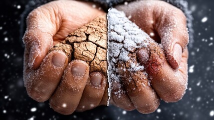 Obraz premium This striking image depicts hands gripping two contrasting textures, one dry and cracked and the other frosty and snow-covered, illustrating the stark duality present in nature.