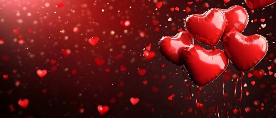 Valentine's Day background with heart-shaped balloons and confetti, cityscape in the blurred background, copy space for text, banner design