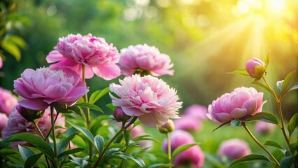 Obraz premium Softly bloomed delicate pink peony flowers in a lush garden setting with greenery and sunlight filtering through trees