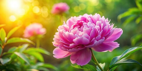 Fototapeta premium A lush peony flower in full bloom against a bright summer green garden backdrop with a soft warm light illuminating its delicate petals and subtle fuchsia hue , summer garden, blooming flowers