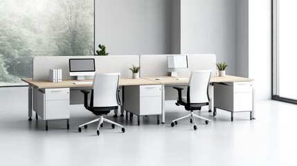 Modern office workspace with desks, chairs, and plants.