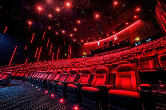 Empty red cinema seats fill a modern theater. Perfect for film, entertainment, and leisure concepts.