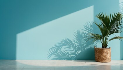 Obraz premium Blurred shadow from palm leaves on the light blue wall Minimal abstract background 8