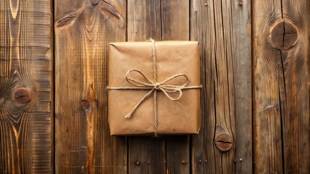 Old-fashioned brown paper parcel tied with twine on a wooden fence , vintage, earthy