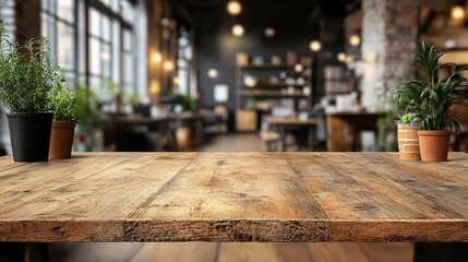 A cozy caf? interior featuring a wooden table and potted plants, inviting relaxation and social interaction.
