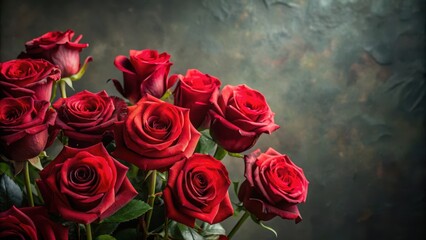 Softly lit studio backdrop featuring a lush arrangement of deep red roses in varying stages of bloom, elegant, studio backdrop