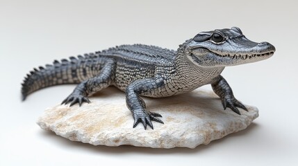 Naklejka premium Young alligator rests on a light rock against a white background.