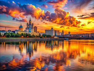 Obraz premium Krasnoyarsk River Cityscape: Panoramic View of Siberian Metropolis at Sunset
