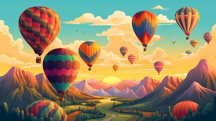 Fototapeta premium Colorful Hot Air Balloons Soar Over Majestic Mountain Landscape