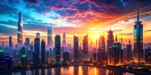Fototapeta premium Colorful title overlay on a futuristic cityscape at sunset, urban , abstract, urban