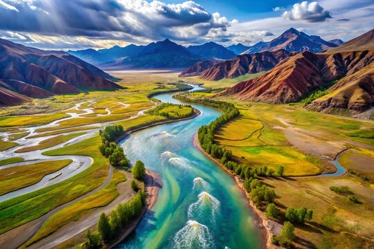 Kyrgyzstan Chu River Reservoir: Stunning Aerial Drone View of Orto Tokoy's Scenic Countryside