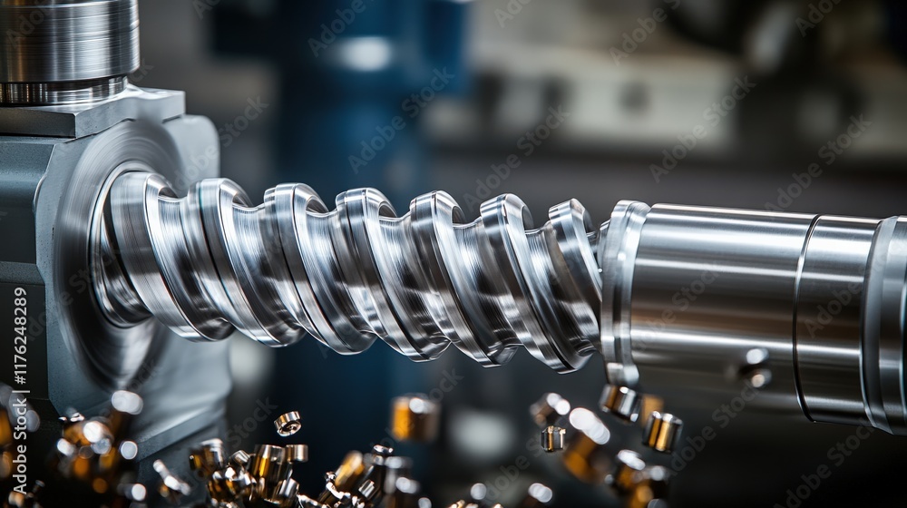 Poster precision machining process in industrial workshop with metal components, cnc lathe working on spira