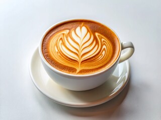 Latte Art Coffee Cup, White Background - Stock Photo