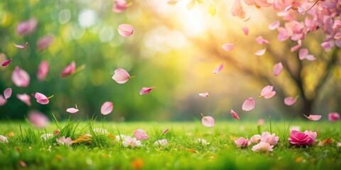 Fototapeta premium Soft pink sakura petals gently falling onto a lush green grassy background amidst autumn leaves, blossom