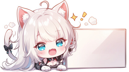 Chibi Cat Ear Girl with Blank Sign | Cute Transparent PNG Stickers