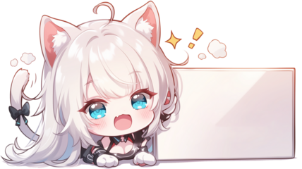 Chibi Cat Ear Girl with Blank Sign | Cute Transparent PNG Stickers