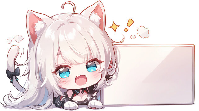 Chibi Cat Ear Girl with Blank Sign | Cute Transparent PNG Stickers