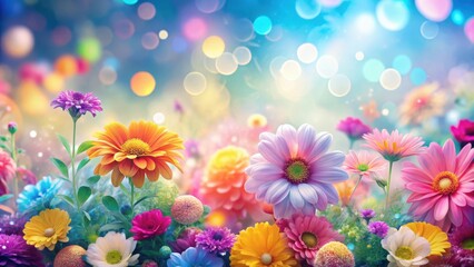 Vibrant colorful flowers scattered across a soft focus background with pastel hues blending into each other in a beautiful bokeh effect , colorful, background