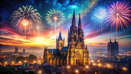 Fototapeta premium Gothic spires ignite against a night sky ablaze with fireworks, a breathtaking urban spectacle.