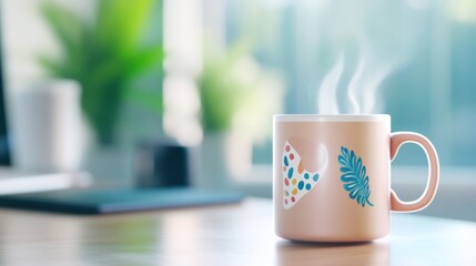 A steaming mug on a desk, surrounded by greenery and a bright space.